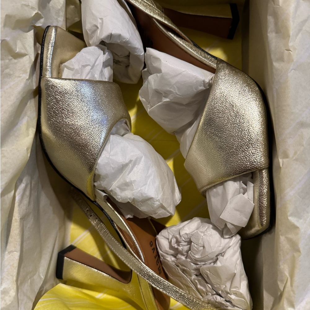Maeve square toe gold heels